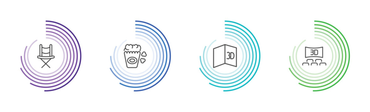 cinema and theater icon set with director film chair, popcorn box, 3d text, 3 dimension screen signs in flat outline style