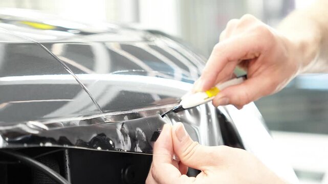A car wrapping specialist applies a PPF or vinyl film to the body car. Selective focus. PPF protective film. The process of installing vinyl PPF film on the car. Protects the paint from scratches. 