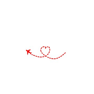 Hand drawn red airplane icon with a heart shaped flight path isolated on white background isolated on white background