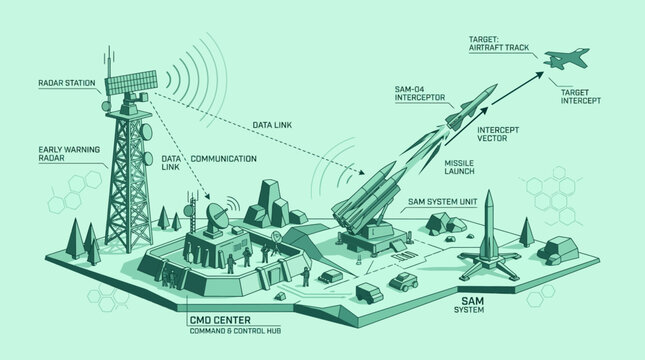 Isometric Military SAM System Infographic Vector with Command Center Radar Station and Interceptor Missile Launch