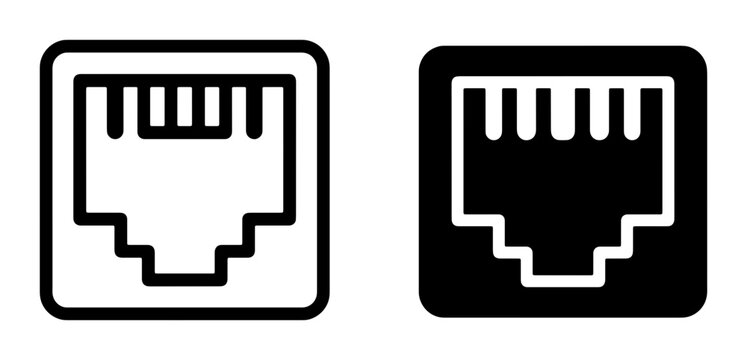 Ethernet Port Icons: Network Connection Symbol, RJ45 Connector Outline and Solid Fill, Technology Interface Graphics