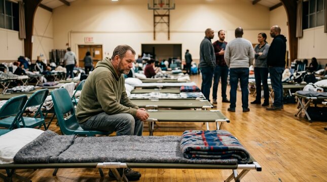 Homeless individuals gathering in an indoor emergency shelter during winter.