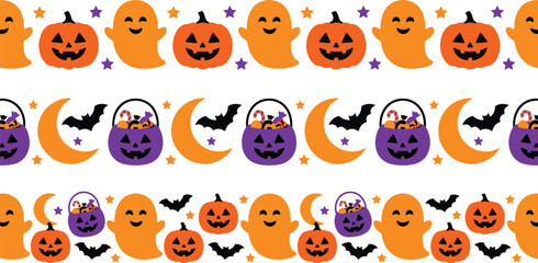 Fototapeta premium A festive Halloween pattern featuring pumpkins, ghosts, and bats on a white background