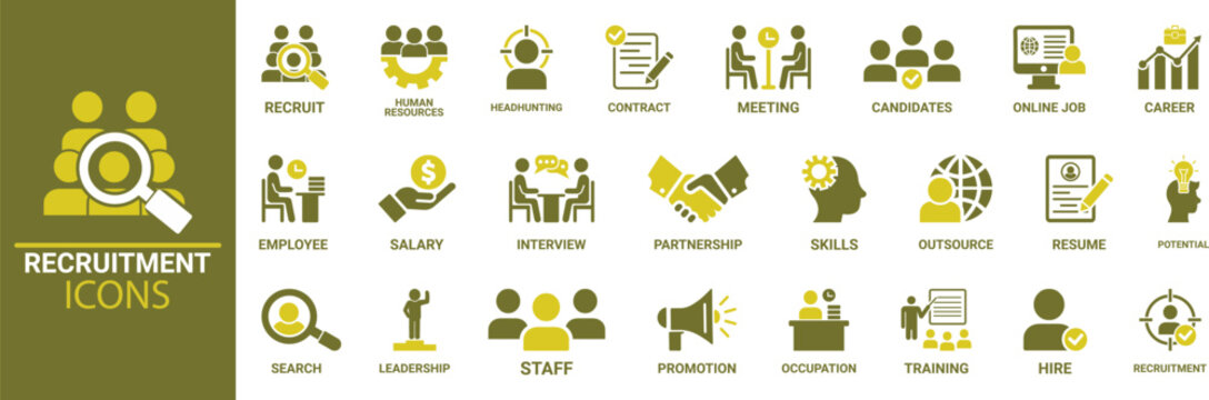 Recruitment and human resources icons set with job search, interview, onboarding, and team collaboration symbols. Business and career concept graphics
