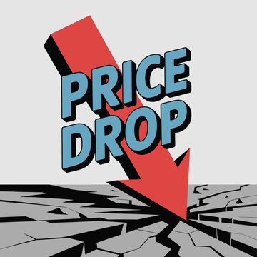 Price drop text with large red arrow crashing and cracking surface