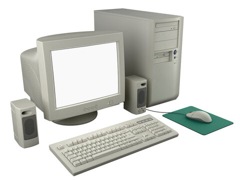 Retro 90s desktop computer setup with CRT monitor turned on and glowing white screen, tower case, keyboard, mouse and speakers, half turn view