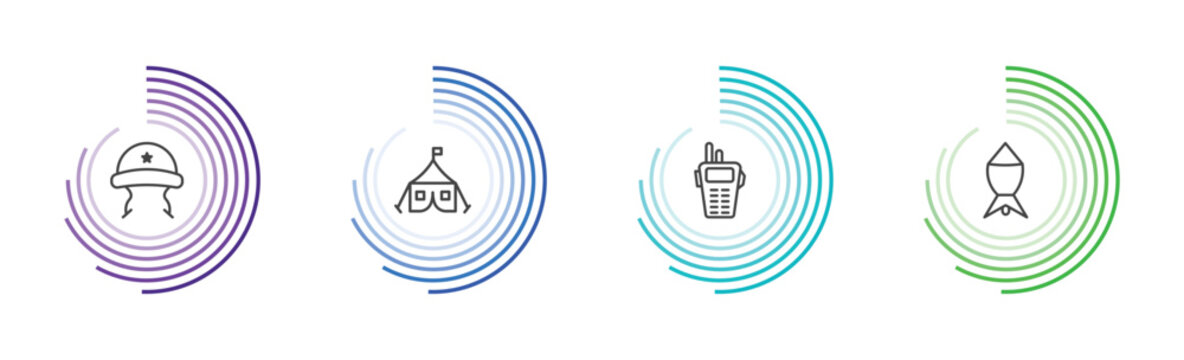 military and war and icon set with military helmet, militar tent, walkie talkie, depth charge signs in flat outline style