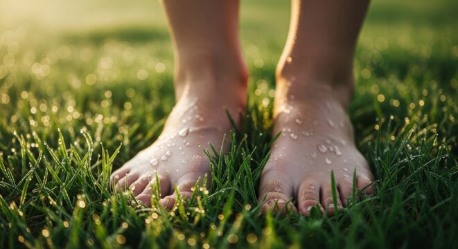 Barefoot woman standing on green grass with morning dew. Grounding technique to calm nervous system. Connection with earth, wellness, meditation and mindfulness for mental health restoration.