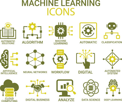 Vector icon collection representing artificial intelligence, data science, and deep learning concepts for technological innovation, automation, and digital solutions