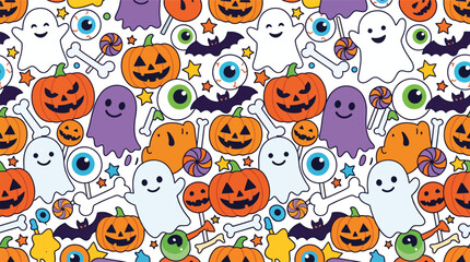 Fototapeta premium A playful Halloween-themed pattern featuring cartoon ghosts, pumpkins, and candy