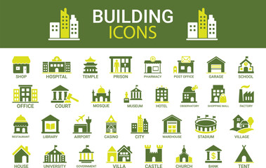 Naklejka premium Collection of building icons for various businesses and services