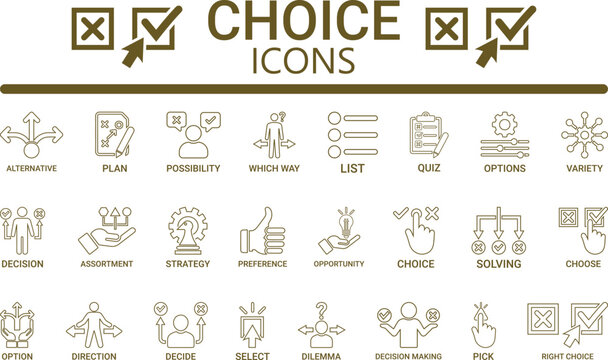Conceptual collection of icons representing various decision-making processes, strategies, and choices, including planning, options, and alternatives