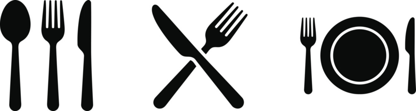 Dining icons: cutlery plate fork knife spoon with restaurant tableware appetite mealtime