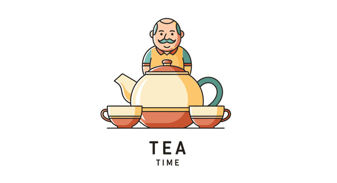 Elderly man serving tea with large teapot and cups