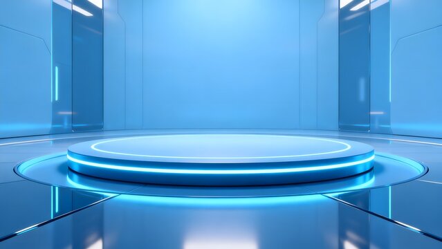 Futuristic blue room with glowing platform