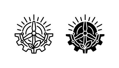 Eco-friendly technology icons, renewable energy symbols, wind turbine and gear emblems, clean power and sustainability concepts, green industry graphics © Hasan