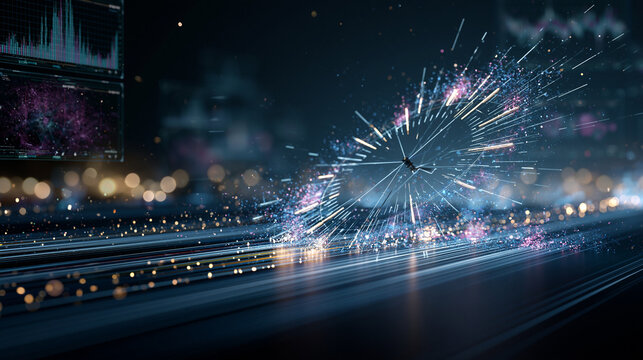 Dynamic 3D render of a glowing light clock exploding on an information highway with financial charts
