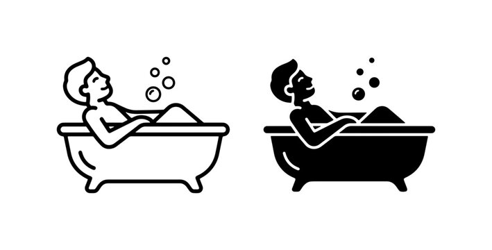 Relaxing Bathtub Icon Set, Man Soaking in Bubbles, Self-Care Vector Graphics, Spa and Wellness Line Art