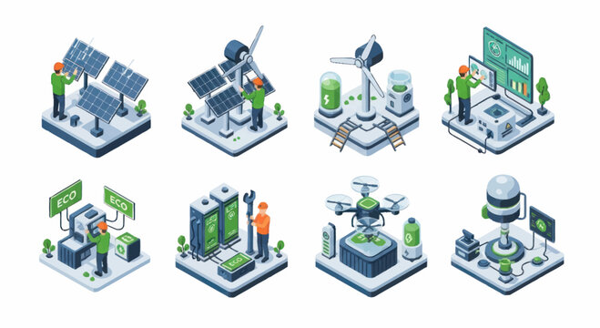 Isometric view of renewable energy and sustainable technology solutions.