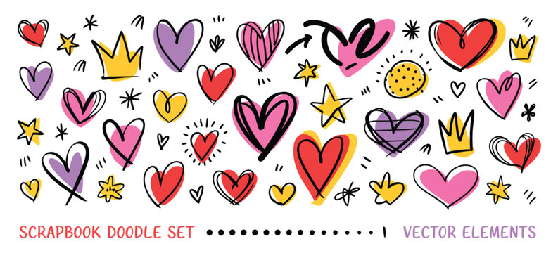 Colorful funky hearts, crown and star scrapbook stickers set. Crayon drawn scribble doodle collage elements. Vector scrapbook collage stickers for hand drawn journaling, dairy, notebooks. vector illus