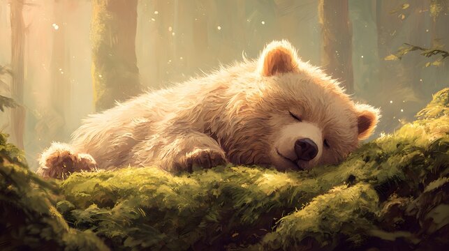 やわらかな朝の光の中で森に眠るふわふわのくま