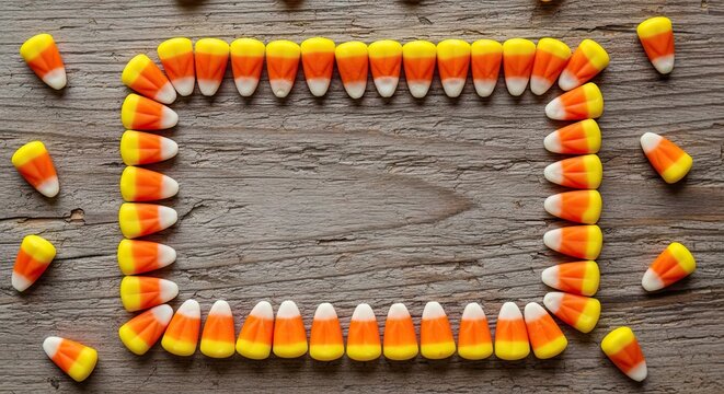 Rectangular frame made of candy corn on wood background.