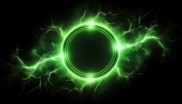 glowing electric green lightning round frame with plasma portal isolated on white layer overlay or black background
