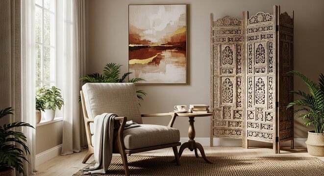Cozy reading corner with armchair and decorative folding screen.