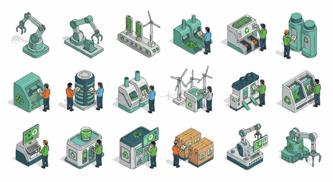 Isometric Illustration of Modern Industrial Technology and Automation.