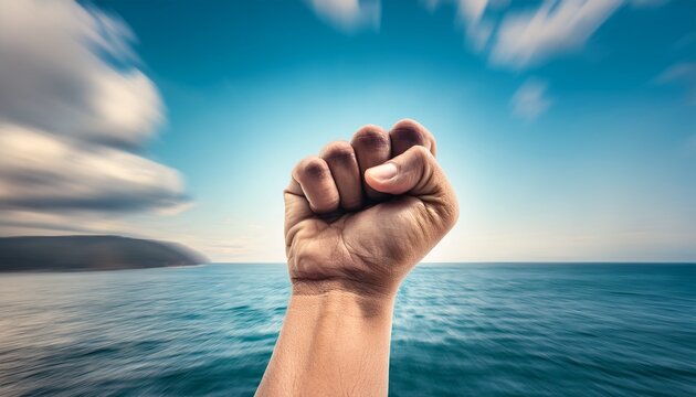 hand with a clenched fist against a blurred ocean background