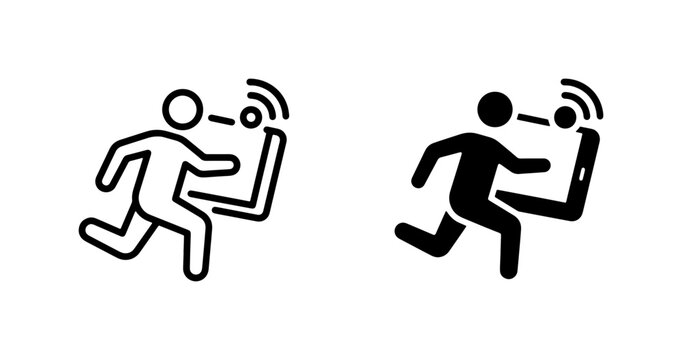 Running Person with Laptop and Wi-Fi Signal Icon, Digital Nomad Concept, Connectivity and Mobile Technology Symbols, Black and White Vector Graphics