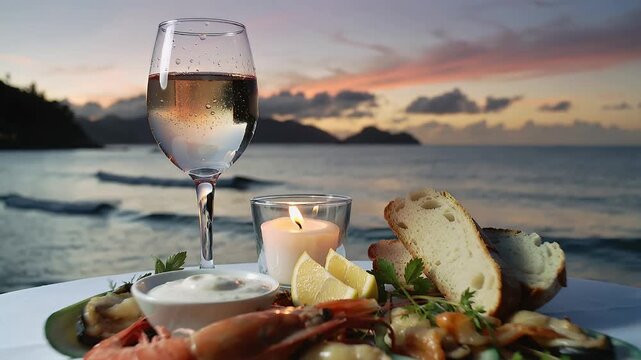 Dining with seafood and wine at sunset near the beach in a tropical location
