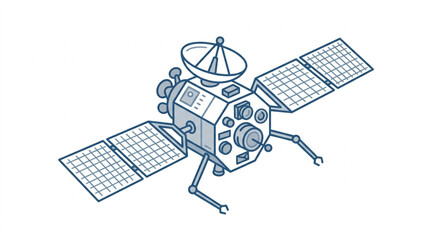 Detailed illustration of a modern satellite with solar panels and antenna. © Bang