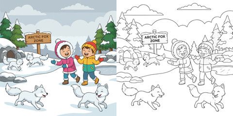 Naklejka premium happy family in the snow, happy family in winter, family in the snow, Arctic Fox Snow Area, coloring book.