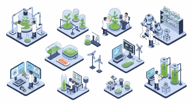 Isometric view of scientific laboratory equipment and experiments.