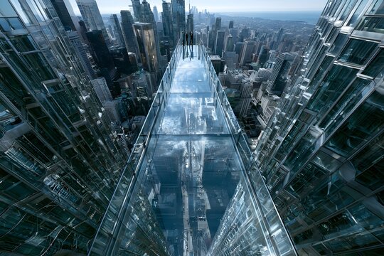 sky-high glass walkway connecting skyscrapers