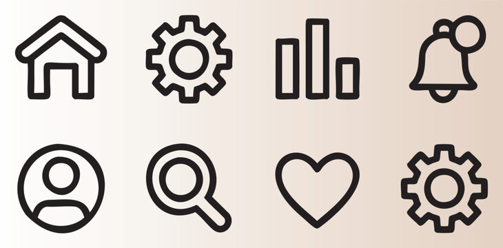 Modern minimalist icon set featuring home gear chart bell user and more elements