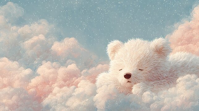 やわらかな雲に包まれて眠る白いくまの夢のような癒し背景