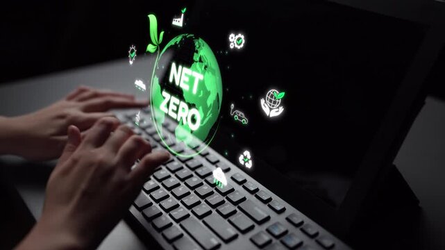 Net zero and sustainability concepts with environmental balance, digital sustainability icons, green energy goals, and eco-conscious digital business transformation for the future. Muxer