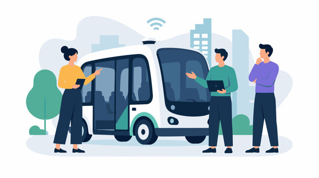 Autonomous shuttle bus with passengers in city.