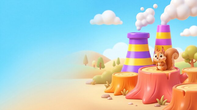 Cute 3D render of cartoon squirrel on colorful stump near striped factory tower with smoke, deforestation and ecology concept.