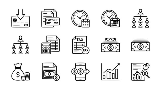 Salary payment line icon vector set with payroll, employee, business and accounting time icons