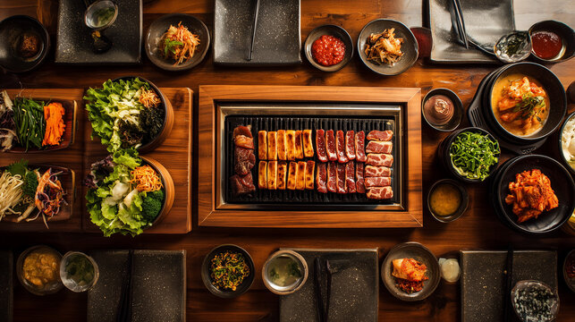 Top-down view of a modern Korean BBQ table with pre-cut pork belly and side dishes, copy space, generative AI