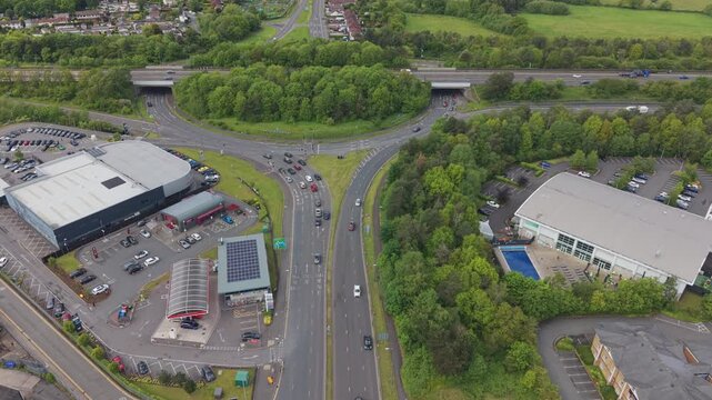 Aerial Drone View of Motorway Junction and Traffic Near M54 in England