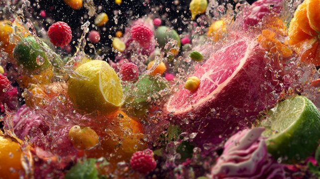 Vibrant explosion of fresh juicy fruits and natural food elements bursting in mid air with splashes of color, rich textures and organic freshness, healthy lifestyle concept with dynamic motion and tro