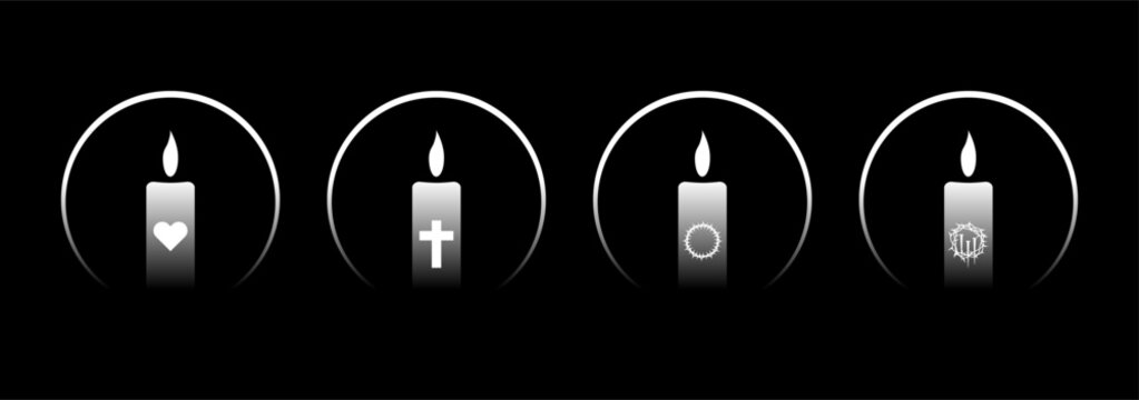 A collection of four illuminated candles, each adorned with a distinct religious symbol, set against a deep black backdrop. Four symbolic candles with religious icons on a dark background