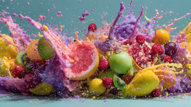 Vibrant explosion of fresh juicy fruits and natural food elements bursting in mid air with splashes of color, rich textures and organic freshness, healthy lifestyle concept with dynamic motion and tro