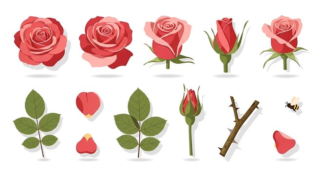 Rose flower constructor set vector illustration. Floral elements collection with rose blooms, buds, stems with thorns, petals, and leaves isolated on white background.