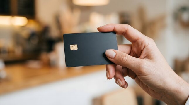 Close-up of a hand holding a sleek black credit card with a gold chip.