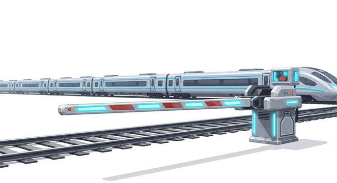 Modern high-speed train crossing a railway barrier.